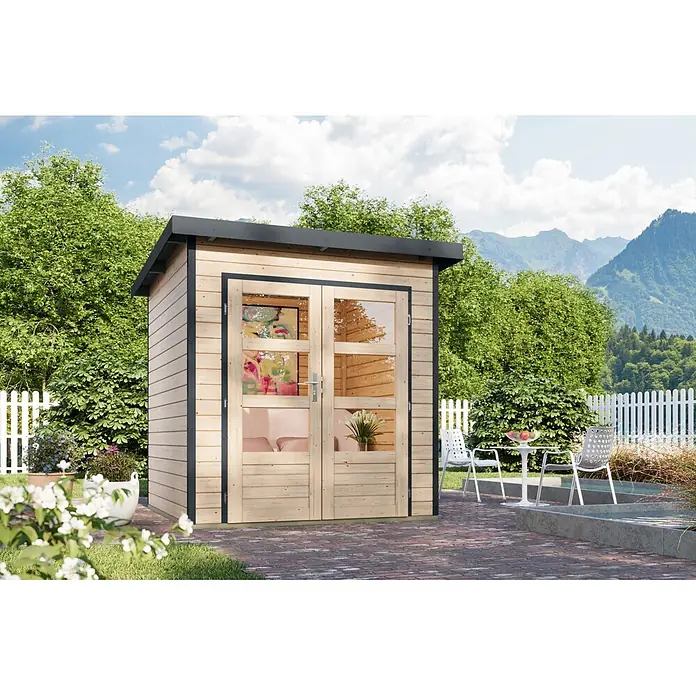 Karibu Gartenhaus Pluto 1 A - Außenmaß inkl. Dachüberstand (B x T): 229 x 228 cm, Holz, Naturbelassen/Anthrazit - Gartenhaus aus Naturholz mit Glastüren und dunklem Dach, in einem grünen Garten gelegen.