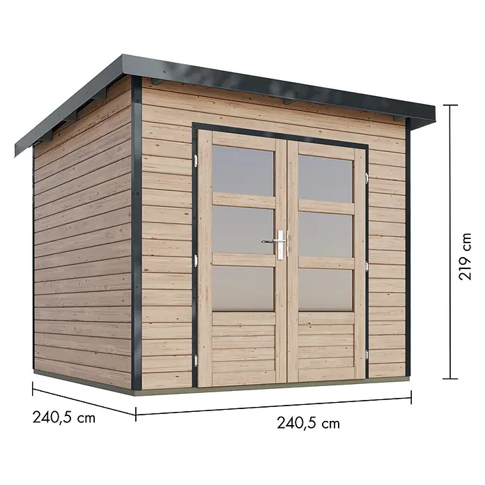 Karibu Gartenhaus Pluto 3 A - Außenmaß inkl. Dachüberstand (B x T): 267 x 266 cm, Holz, Naturbelassen/Anthrazit - Holz-Gartenhaus mit Doppelflügeltür aus Glas und dunkelgrauem Dach und Zierleisten.