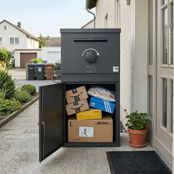 My Parcel Box Paketbox - L x B x H: 48 x 60 x 110 mm, Grau, Stahl, Fassungsvermögen: 62 l - Dunkelgrauer Metall-Paketkasten, offen und mit Paketen gefüllt, neben einem Hauseingang stehend.