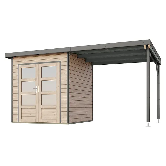 Karibu Gartenhaus Pluto 1 A - Außenmaß inkl. Dachüberstand (B x T): 447 x 228 cm, Holz, Naturbelassen/Grau - Gartenschuppen aus Holz mit doppelten Glastüren und integriertem grauem Anbau-Carport.