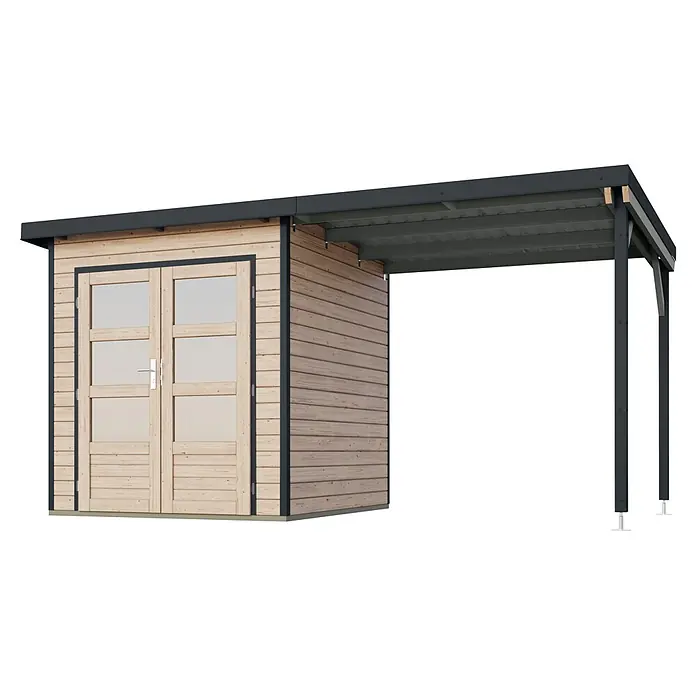 Karibu Gartenhaus Pluto 1 A - Außenmaß inkl. Dachüberstand (B x T): 447 x 228 cm, Holz, Naturbelassen/Anthrazit - Gartenhaus aus Holz mit Doppeltüren und angebautem offenem Carport, mit dunkelgrauem Dach und Rahmen.