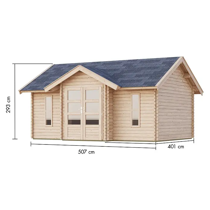 Karibu Gartenhaus Nordland - Außenmaß inkl. Dachüberstand (B x T): 548 x 440 cm, Holz, Naturbelassen - Helle Holzblockhütte mit dunkelblauem Schindeldach, Doppeltüren und zwei Fenstern. Ideal als Gartenhaus.