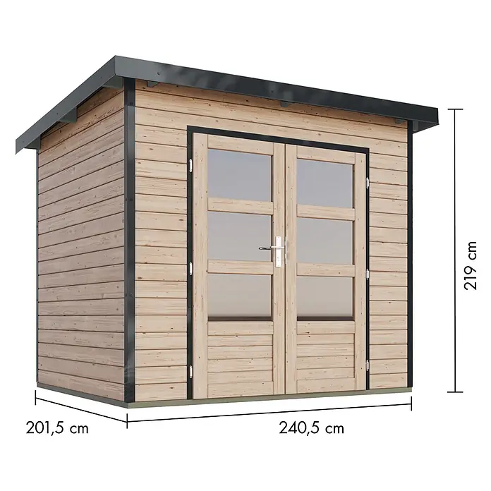 Karibu Gartenhaus Pluto 2 A - Außenmaß inkl. Dachüberstand (B x T): 267 x 228 cm, Holz, Naturbelassen/Anthrazit - Holz-Gartenschuppen mit schwarzem Dach und Zierleisten, Doppeltüren mit Glas.