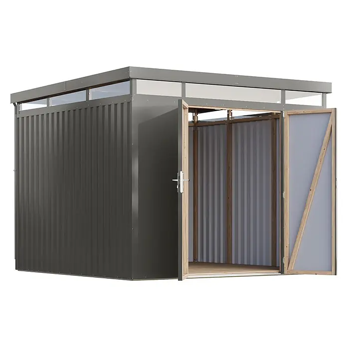 Karibu Gerätehaus Aurum 3,5 - Außenmaß inkl. Dachüberstand (B x T): 298 x 298 cm, Metall, Graualuminium - Dunkelgrauer Metall-Gartenschuppen mit offenen Türen, Holzboden und transparenten Dachpaneelen. Innen mit Holzstützen.