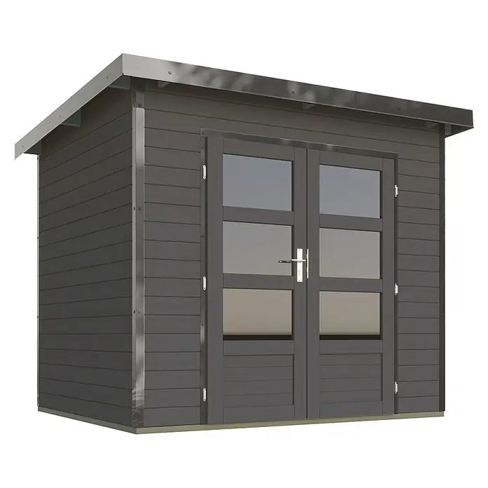 Karibu Gartenhaus Pluto 2 B - Außenmaß inkl. Dachüberstand (B x T): 267 x 228 cm, Holz, Terragrau/Grau - Dunkelgrauer Geräteschuppen im modernen Design mit doppelten Glastüren und Pultdach.