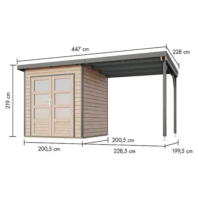 Karibu Gartenhaus Pluto 1 A - Außenmaß inkl. Dachüberstand (B x T): 447 x 228 cm, Holz, Naturbelassen/Grau - Moderner Holzschuppen mit integriertem Carport und grauem Flachdach.