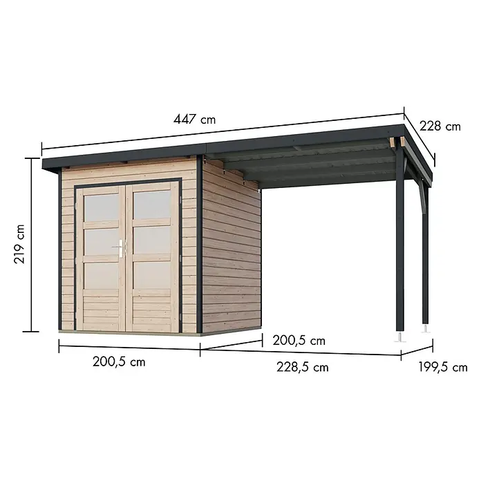 Karibu Gartenhaus Pluto 1 A - Außenmaß inkl. Dachüberstand (B x T): 447 x 228 cm, Holz, Naturbelassen/Anthrazit - Holzgartenhaus mit integriertem dunkelgrauem Carport/Anbau, hellen Naturholzwänden und Doppeltür.