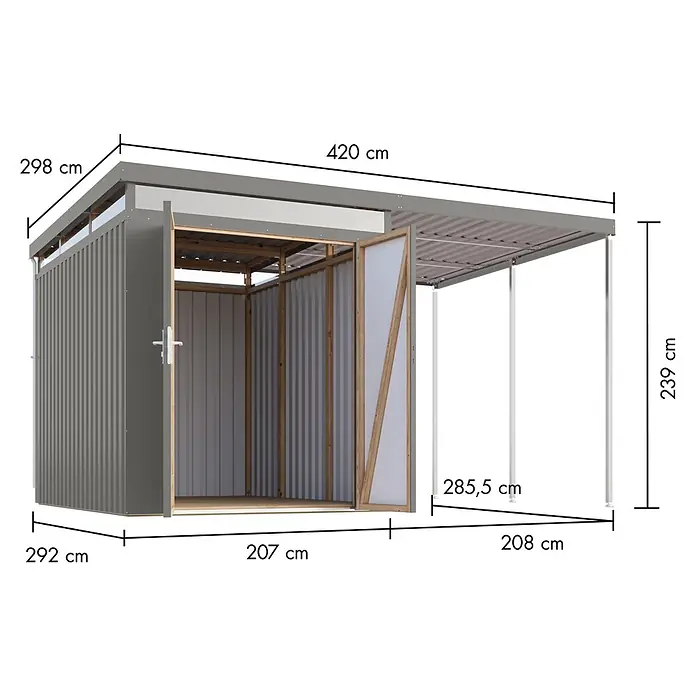 Karibu Gerätehaus Aurum 2,5 mit Anbaudach - Außenmaß inkl. Dachüberstand (B x T): 420 x 298 cm, Metall, Graualuminium - Grauer Metall-Gartenschuppen mit integriertem Carport.