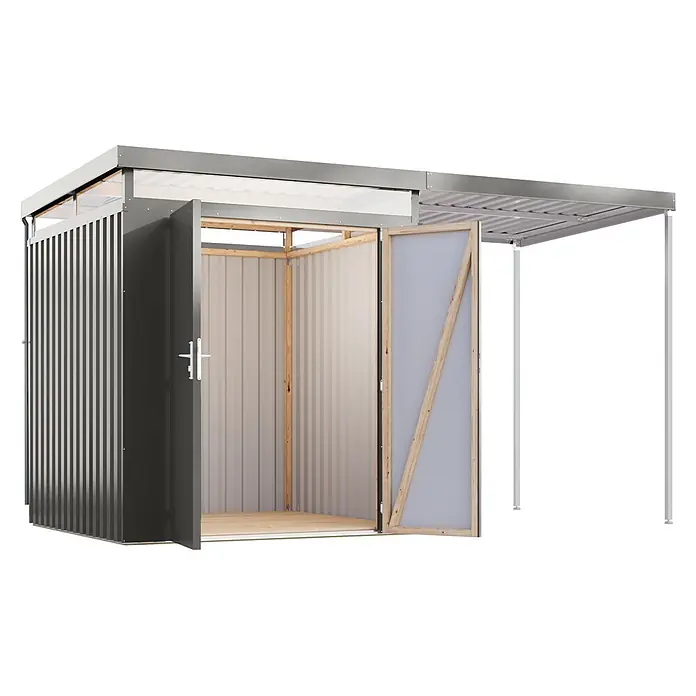 Karibu Gerätehaus Aurum 2 mit Anbaudach - Außenmaß inkl. Dachüberstand (B x T): 420 x 215 cm, Metall, Graualuminium - Grauer Wellblechschuppen mit offenen Türen und integriertem Vordach.