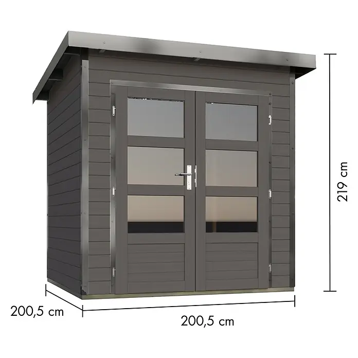 Karibu Gartenhaus Pluto 1 B - Außenmaß inkl. Dachüberstand (B x T): 229 x 228 cm, Holz, Terragrau/Grau - Dunkelgraues Gartenhaus mit doppelten Glastüren. Maße: 200,5x200,5x219 cm.