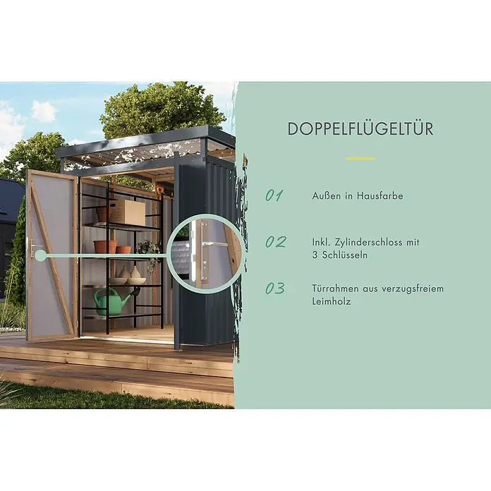 Karibu Gerätehaus Aurum 2 - Außenmaß inkl. Dachüberstand (B x T): 215 x 215 cm, Metall, Anthrazit - Doppelflügeltür eines Gartenhauses mit Holzrahmen und Zylinderschloss.