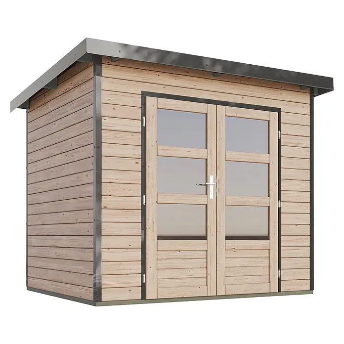 Karibu Gartenhaus Pluto 2 A - Außenmaß inkl. Dachüberstand (B x T): 267 x 228 cm, Holz, Naturbelassen/Grau - Holzgartenhaus mit flachem Metalldach, hellem Holzverkleidung und doppelten Glastüren.