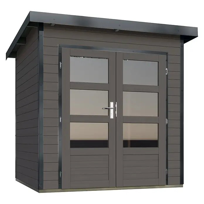 Karibu Gartenhaus Pluto 1 B - Außenmaß inkl. Dachüberstand (B x T): 229 x 228 cm, Holz, Terragrau/Anthrazit - Anthrazitfarbenes Gartenhaus mit Holzpaneelen, doppelten Glastüren und Flachdach.