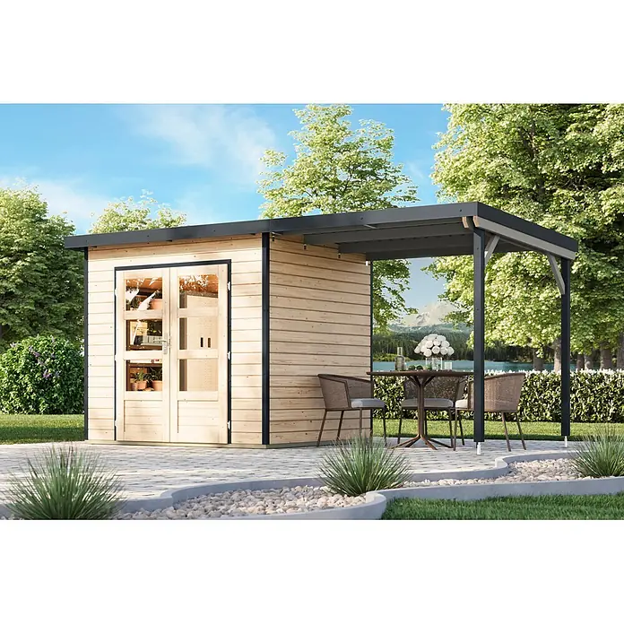 Karibu Gartenhaus Pluto 2 A - Außenmaß inkl. Dachüberstand (B x T): 487 x 228 cm, Holz, Naturbelassen/Anthrazit - Holzhütte mit dunklem Anbau-Pergola, schafft einen Essbereich im Freien auf einer Terrasse.