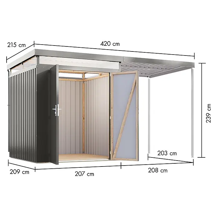 Karibu Gerätehaus Aurum 2 mit Anbaudach - Außenmaß inkl. Dachüberstand (B x T): 420 x 215 cm, Metall, Graualuminium - Grauer Metall-Gartenschuppen mit offenen Doppeltüren und integriertem Carport.