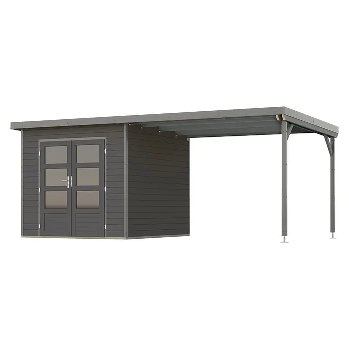 Karibu Gartenhaus Pluto 3 B - Außenmaß inkl. Dachüberstand (B x T): 561 x 266 cm, Holz, Terragrau/Grau - Dunkelgrauer Geräteschuppen mit Doppeltüren und angebautem Carport.