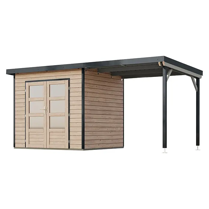 Karibu Gartenhaus Pluto 2 A - Außenmaß inkl. Dachüberstand (B x T): 487 x 228 cm, Holz, Naturbelassen/Anthrazit - Gartenhaus aus hellem Holz mit integriertem dunklem Metall-Carport und Glastüren.