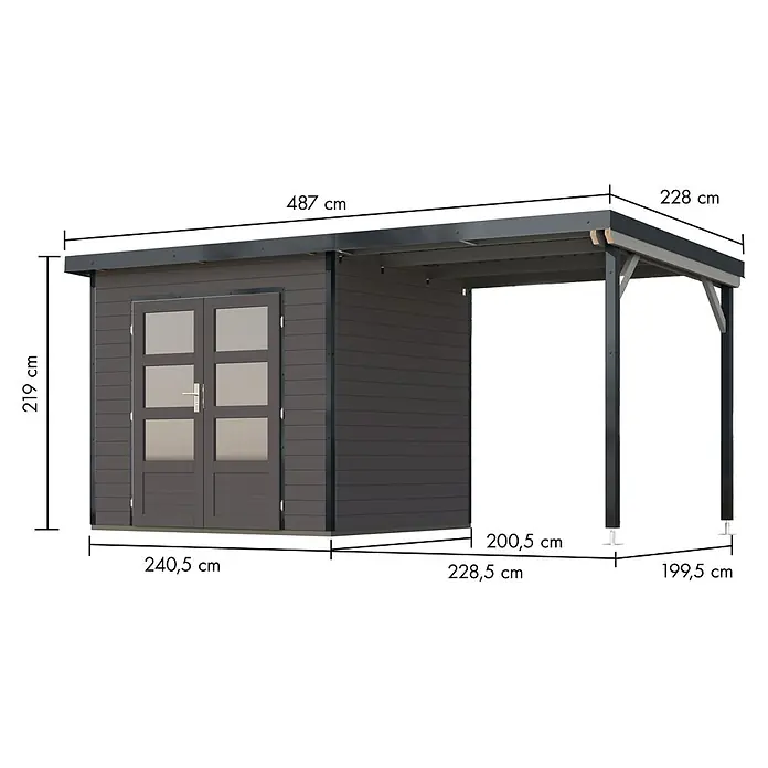 Karibu Gartenhaus Pluto 2 B - Außenmaß inkl. Dachüberstand (B x T): 487 x 228 cm, Holz, Terragrau/Anthrazit - Dunkelgraues Holzgartenhaus mit Anbaucarport, das verschiedene Maße zeigt.
