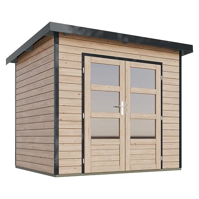 Karibu Gartenhaus Pluto 2 A - Außenmaß inkl. Dachüberstand (B x T): 267 x 228 cm, Holz, Naturbelassen/Anthrazit - Gartenhaus aus hellem Holz mit dunkelgrauem Metallrahmen und Doppeltüren mit Glaspaneelen.