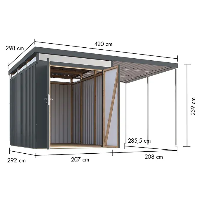 Karibu Gerätehaus Aurum 2,5 mit Anbaudach - Außenmaß inkl. Dachüberstand (B x T): 420 x 298 cm, Metall, Anthrazit - Graues Metallgerätehaus mit integriertem Carport und offenem Holzdach.