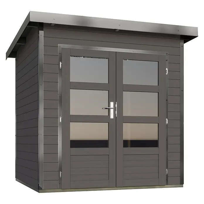 Karibu Gartenhaus Pluto 1 B - Außenmaß inkl. Dachüberstand (B x T): 229 x 228 cm, Holz, Terragrau/Grau - Graues Gartenhaus mit Flachdach, Holzoptik-Verkleidung und doppelten Glastüren.