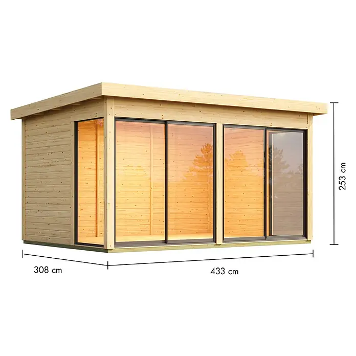 Karibu Gartenhaus Dice 5 - Außenmaß inkl. Dachüberstand (B x T): 471 x 330 cm, Holz, Naturbelassen - Holzkubus mit großen Glasschiebetüren, 433 cm breit, 308 cm tief und 253 cm hoch.