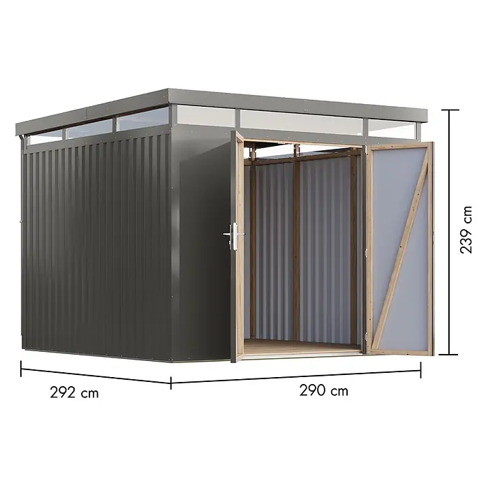 Karibu Gerätehaus Aurum 3,5 - Außenmaß inkl. Dachüberstand (B x T): 298 x 298 cm, Metall, Graualuminium - Dunkelgraues Metall-Gartenhaus mit Flachdach, klaren Oberlichtern und offenen Holztüren. Maße: 292x290x239 cm.