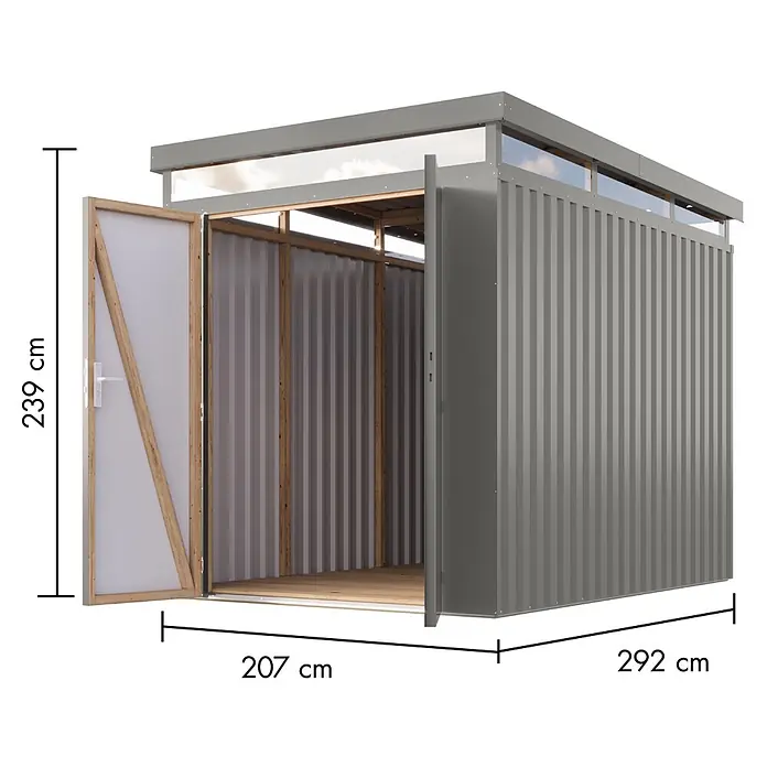 Karibu Gerätehaus Aurum 2,5 - Außenmaß inkl. Dachüberstand (B x T): 215 x 298 cm, Metall, Graualuminium - Grauer Wellblech-Schuppen mit Holzboden, offener Tür und Oberlichtern. Maße: 239x207x292 cm.