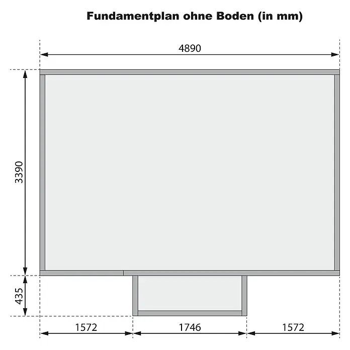 Karibu Gartenhaus Nordland - Außenmaß inkl. Dachüberstand (B x T): 548 x 440 cm, Holz, Naturbelassen - Technischer Fundamentplan: Hauptrechteck (4890x3390 mm) mit mittiger 1746x435 mm Erweiterung.