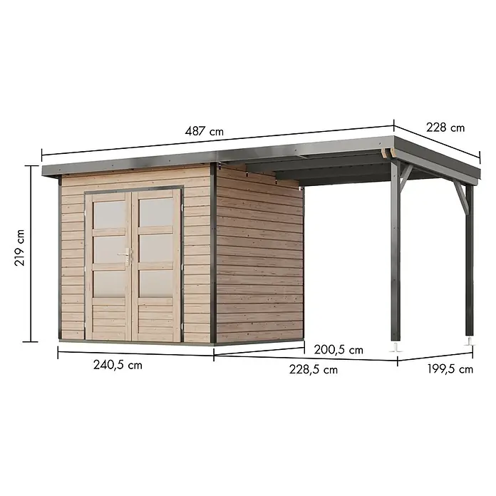 Karibu Gartenhaus Pluto 2 A - Außenmaß inkl. Dachüberstand (B x T): 487 x 228 cm, Holz, Naturbelassen/Grau - Heller Holz-Gartenschuppen mit integriertem Carport und dunkelgrauem Rahmen.