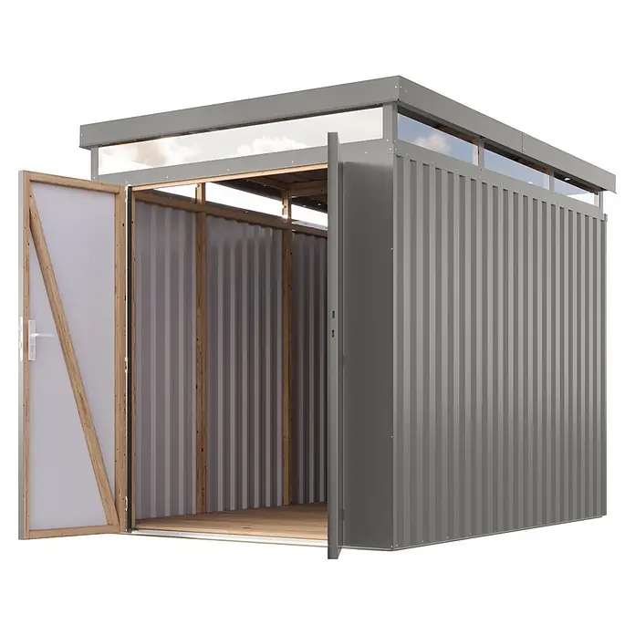 Karibu Gerätehaus Aurum 2,5 - Außenmaß inkl. Dachüberstand (B x T): 215 x 298 cm, Metall, Graualuminium - Grauer Metallschuppen mit geöffneten Türen, Holzrahmen und transparenten Oberlichtern.