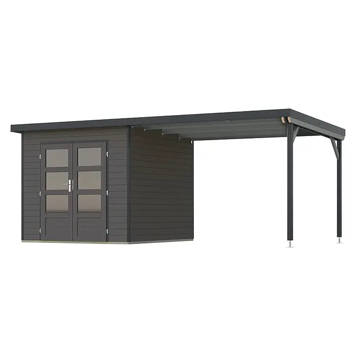 Karibu Gartenhaus Pluto 3 B - Außenmaß inkl. Dachüberstand (B x T): 561 x 266 cm, Holz, Terragrau/Anthrazit - Dunkelgraues Gartenhaus mit integriertem Anbau-Carport. Verfügt über Doppeltüren und ein Flachdach.