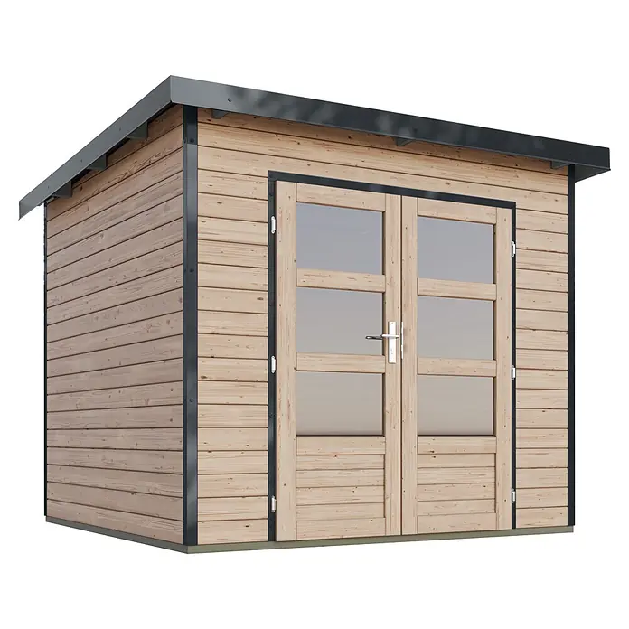 Karibu Gartenhaus Pluto 3 A - Außenmaß inkl. Dachüberstand (B x T): 267 x 266 cm, Holz, Naturbelassen/Anthrazit - Heller Holzgartenhaus mit dunkelgrauem Dach und Zierleisten, mit doppelten Glastüren und einem silbernen Griff.