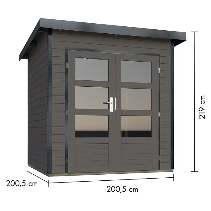 Karibu Gartenhaus Pluto 1 B - Außenmaß inkl. Dachüberstand (B x T): 229 x 228 cm, Holz, Terragrau/Anthrazit - Dunkelgraues Holzgartenhaus mit Flachdach und Doppeltüren mit Glaspaneelen, Maße 200,5 cm x 200,5 cm x 219 cm.