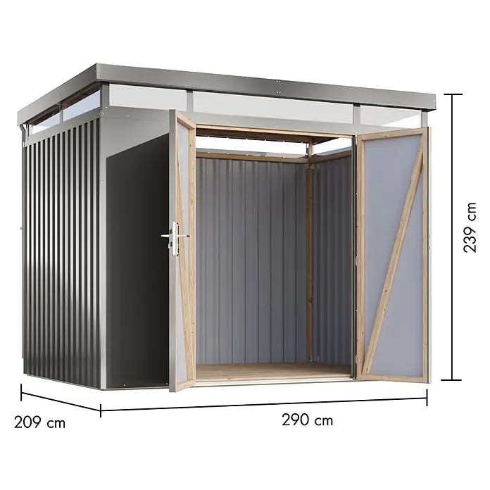 Karibu Gerätehaus Aurum 3 - Außenmaß inkl. Dachüberstand (B x T): 298 x 215 cm, Metall, Graualuminium - Graues Wellblech-Gartenhaus mit offenen Holztüren, Oberlichtern. Maße: 209x290x239 cm.