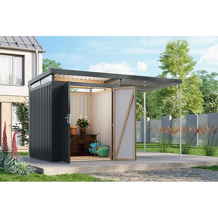 Karibu Gerätehaus Aurum 2 mit Anbaudach - Außenmaß inkl. Dachüberstand (B x T): 420 x 215 cm, Metall, Anthrazit - Moderner, dunkelgrauer Gartenpavillon aus Wellblech mit offenem Anbau und transparenten Dachteilen, bietet Stauraum und Unterstand im Garten.