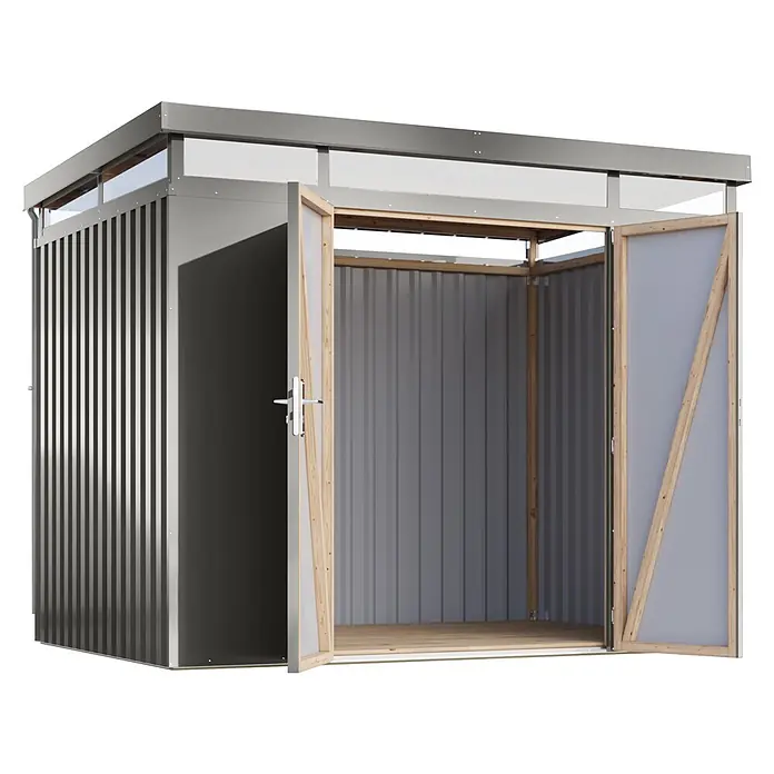Karibu Gerätehaus Aurum 3 - Außenmaß inkl. Dachüberstand (B x T): 298 x 215 cm, Metall, Graualuminium - Graues Wellblech-Gartenhaus mit offenen Doppeltüren, Holzinnenrahmen, Holzboden und oberen Fenstern.