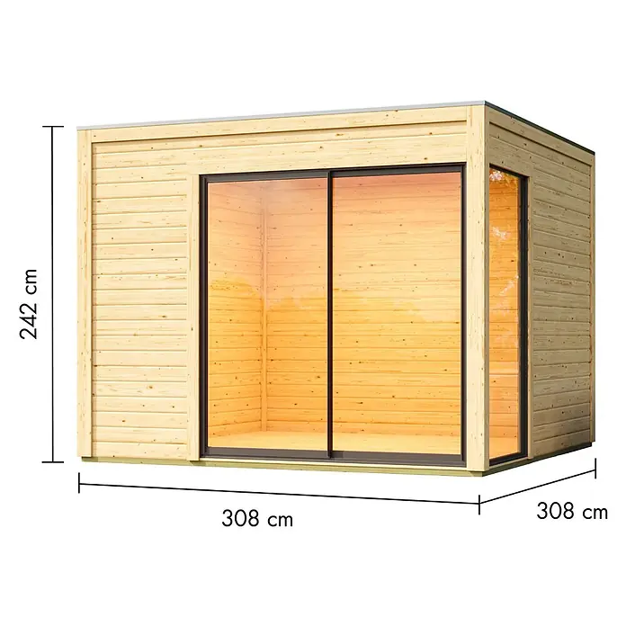 Karibu Gartenhaus Dice 1 - Außenmaß inkl. Dachüberstand (B x T): 308 x 308 cm, Holz, Naturbelassen - Moderner Gartenraum aus Holz mit Glasschiebetüren und Seitenfenster, Maße 242x308x308 cm.