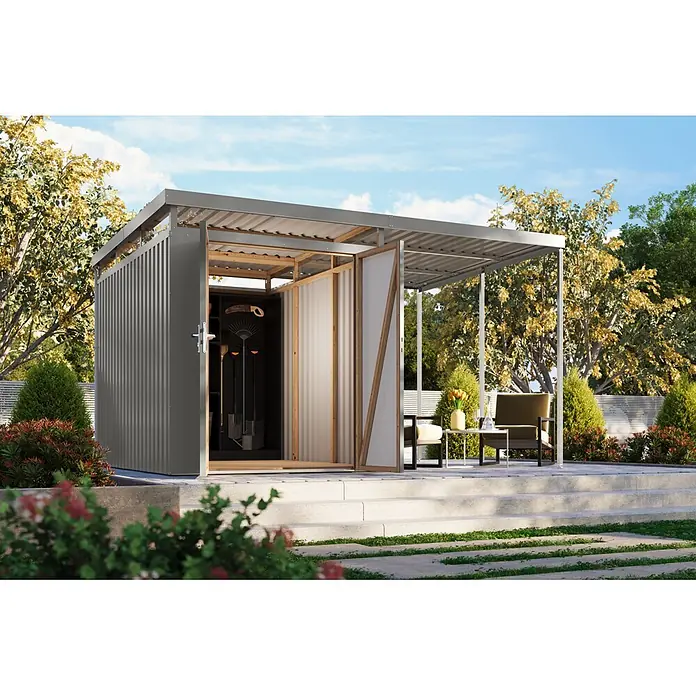 Karibu Gerätehaus Aurum 2,5 mit Anbaudach - Außenmaß inkl. Dachüberstand (B x T): 420 x 298 cm, Metall, Graualuminium - Dunkelgraues Metall-Gartenhaus mit integriertem Vordach, das einen schattigen Sitzbereich im Freien bietet.