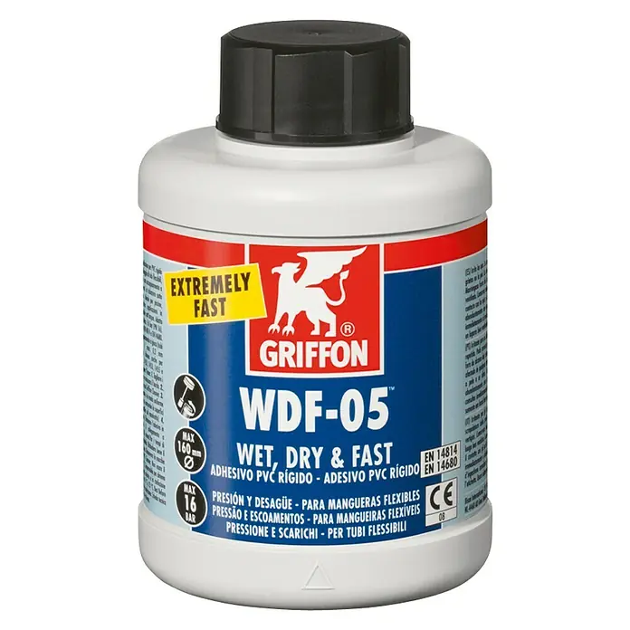 Adhesivo PVC rígido para tubos flexibles WDF-05 - 500 ml - Adhesivo PVC Griffon WDF-05, ideal para conexiones rápidas y fiables, incluso en condiciones húmedas, asegurando una unión fuerte.
