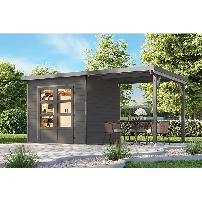 Karibu Gartenhaus Pluto 2 B - Außenmaß inkl. Dachüberstand (B x T): 487 x 228 cm, Holz, Terragrau/Grau - Dunkelgraues Gartenhaus mit integrierter Pergola, neben einem Terrassen-Essbereich.