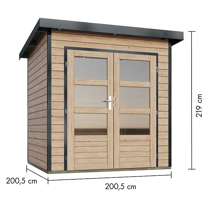 Karibu Gartenhaus Pluto 1 A - Außenmaß inkl. Dachüberstand (B x T): 229 x 228 cm, Holz, Naturbelassen/Anthrazit - Gartenhaus aus Naturholz mit dunkelgrauem Dach und Doppeltüren mit Glas, Maße angegeben.