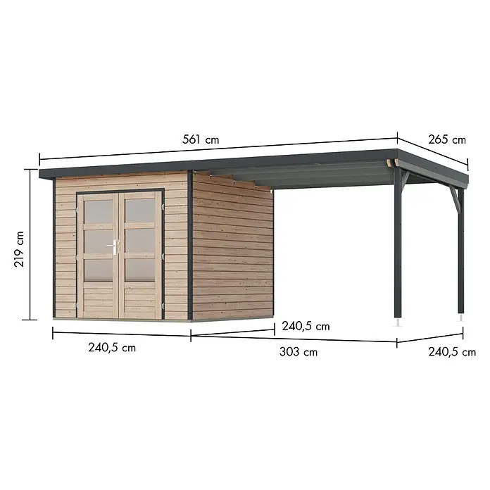 Karibu Gartenhaus Pluto 3 A - Außenmaß inkl. Dachüberstand (B x T): 561 x 266 cm, Holz, Naturbelassen/Anthrazit - Gartenhaus aus Holz und dunkelgrauer Carport. Gesamte Dachlänge 561 cm, Schuppenhöhe 219 cm, Carport-Dachtiefe 265 cm.