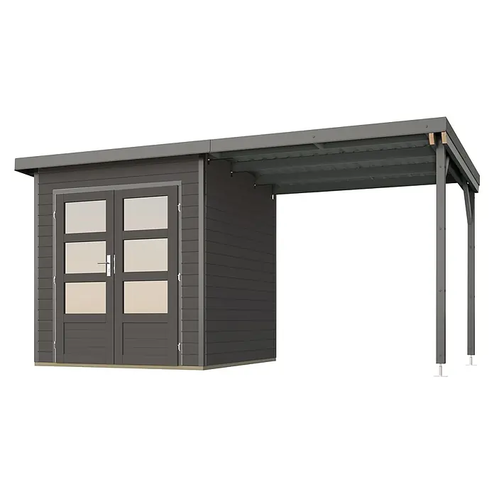 Karibu Gartenhaus Pluto 1 B - Außenmaß inkl. Dachüberstand (B x T): 447 x 228 cm, Holz, Terragrau/Grau - Dunkelgraues Holzgartenhaus mit integriertem Carport.