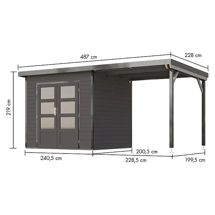 Karibu Gartenhaus Pluto 2 B - Außenmaß inkl. Dachüberstand (B x T): 487 x 228 cm, Holz, Terragrau/Grau - Dunkelgrauer Geräteschuppen mit Anbau-Carport. Abmessungen: 219 cm hoch, 487 cm lang.