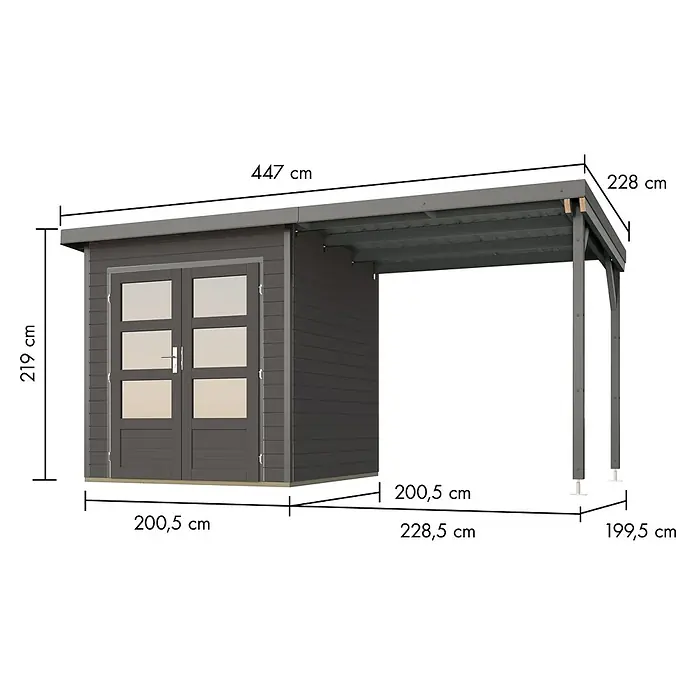 Karibu Gartenhaus Pluto 1 B - Außenmaß inkl. Dachüberstand (B x T): 447 x 228 cm, Holz, Terragrau/Grau - Dunkelgraues Gartenhaus mit angebautem Carport und detaillierten Maßen.