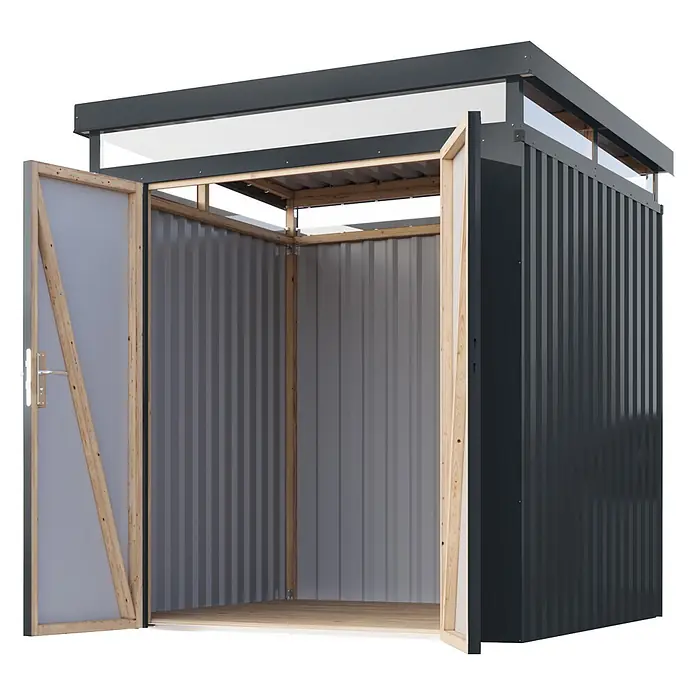 Karibu Gerätehaus Aurum 2 - Außenmaß inkl. Dachüberstand (B x T): 215 x 215 cm, Metall, Anthrazit - Offener dunkelgrauer Metall-Gartenschuppen mit Holzrahmen, Holzboden und Oberlichtern.