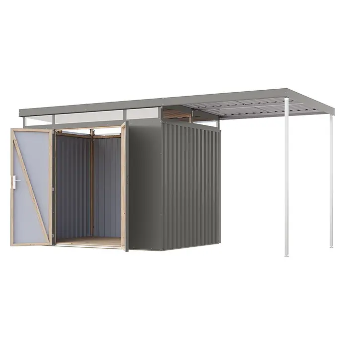 Karibu Gerätehaus Aurum 3 mit Anbaudach - Außenmaß inkl. Dachüberstand (B x T): 502,5 x 215 cm, Metall, Graualuminium - Grauer Wellblech-Gartenschuppen mit offenen Doppeltüren und angebautem Carport mit weißen Stützpfosten.