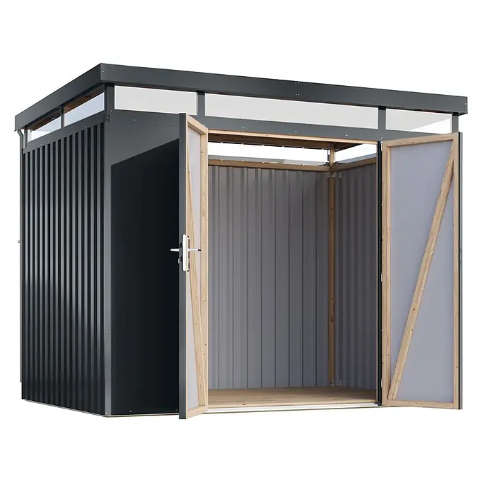 Karibu Gerätehaus Aurum 3 - Außenmaß inkl. Dachüberstand (B x T): 298 x 215 cm, Metall, Anthrazit - Moderner dunkelgrauer Geräteschuppen mit Flachdach, transparenten Dachpaneelen und offenen Doppeltüren mit Holzrahmen, die den hellgrauen Wellblech-Innenraum zeigen.