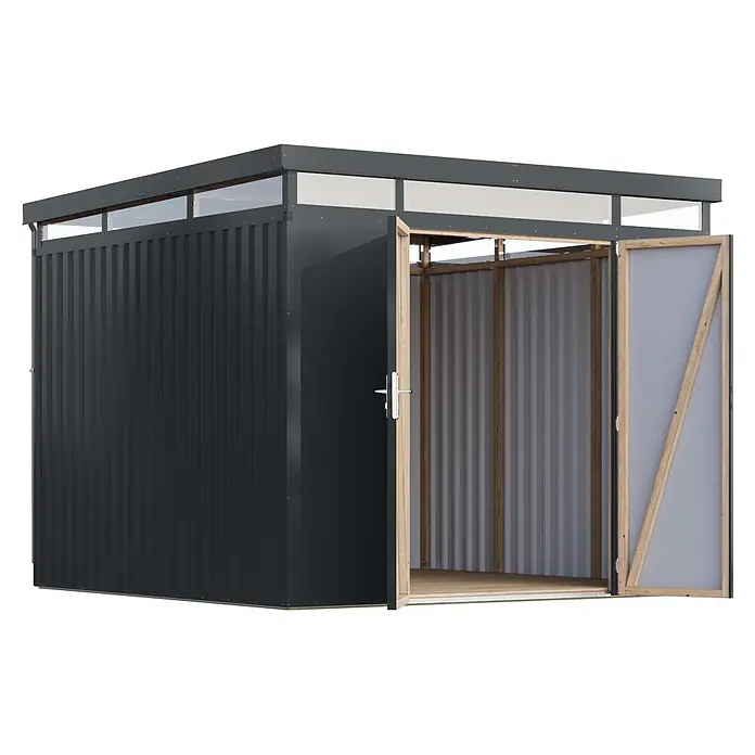 Karibu Gerätehaus Aurum 3,5 - Außenmaß inkl. Dachüberstand (B x T): 298 x 298 cm, Metall, Anthrazit - Dunkelgrauer Geräteschuppen aus Wellblech mit offener Holztür und transparenten Oberlichtern.